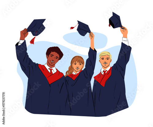 Group of happy graduates in caps and gowns celebrating, holding hats up, smiling on a white background. Education, achievement, and success concept. Vector illustration