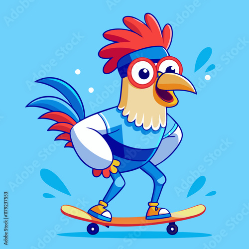 Cartoon Rooster Skateboarding - Comical Sports-Themed Illustration with Vibrant Colors