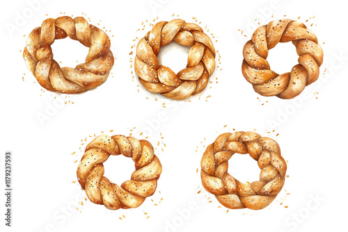 Set of watercolor buns png. Bakery braided products sprinkled with sesame seeds. watercolor png. Bread for Easter, Shabbat and other religious holidays. Watercolor buttery pastries.