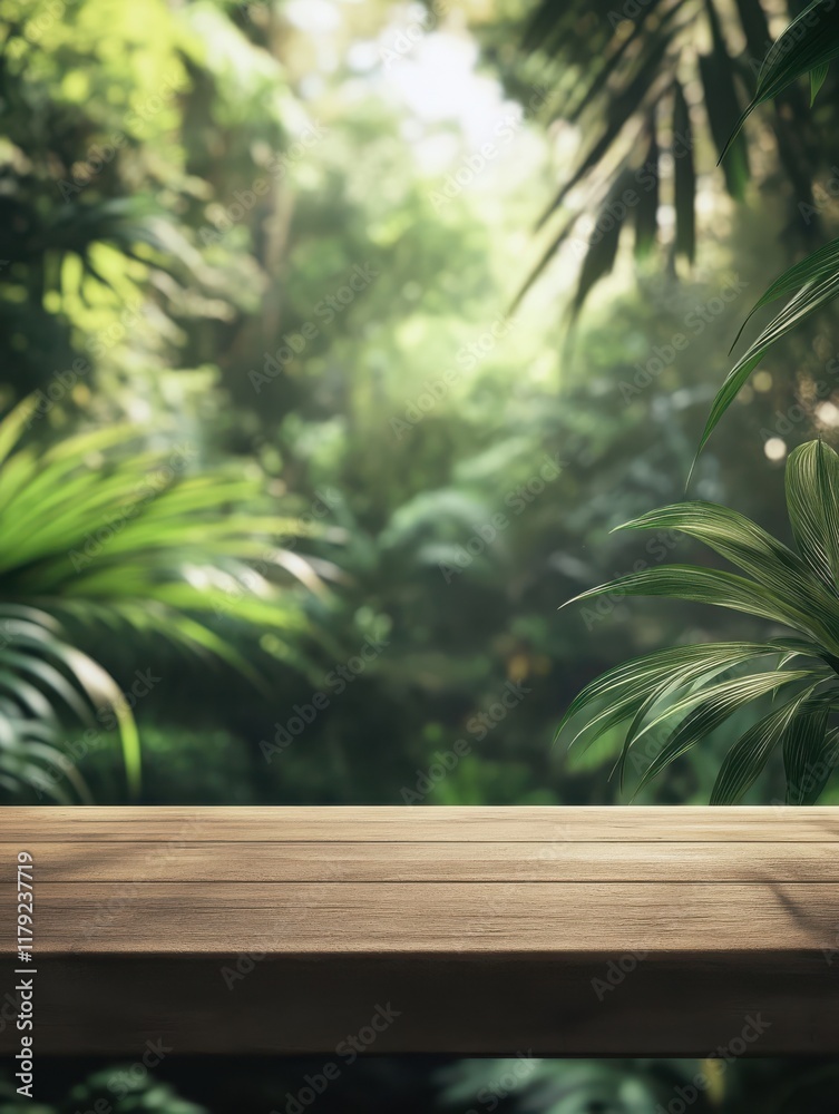 A vertical view showcases a wooden table surrounded by vibrant tropical plants. The lush greenery creates a peaceful, inviting atmosphere that encourages relaxation and connection with nature A vertical view showcases a wooden table surrounded by vibrant tropical plants. The lush greenery creates a peaceful, inviting atmosphere that encourages relaxation and connection with nature