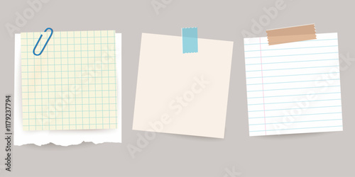 Vector realistic square papers, lined, torn, with adhesive tape, on transparent background. Ready to use.