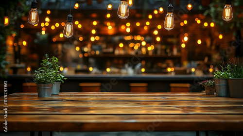 Empty Wooden Table Presents a Cozy Cafe Ambiance with Glowing Lights and Plants Gracefully.