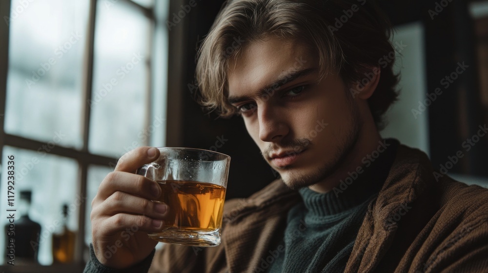 Young man with thoughtful expression holds a glass of amber liquid near window. Young man with thoughtful expression holds a glass of amber liquid near window.