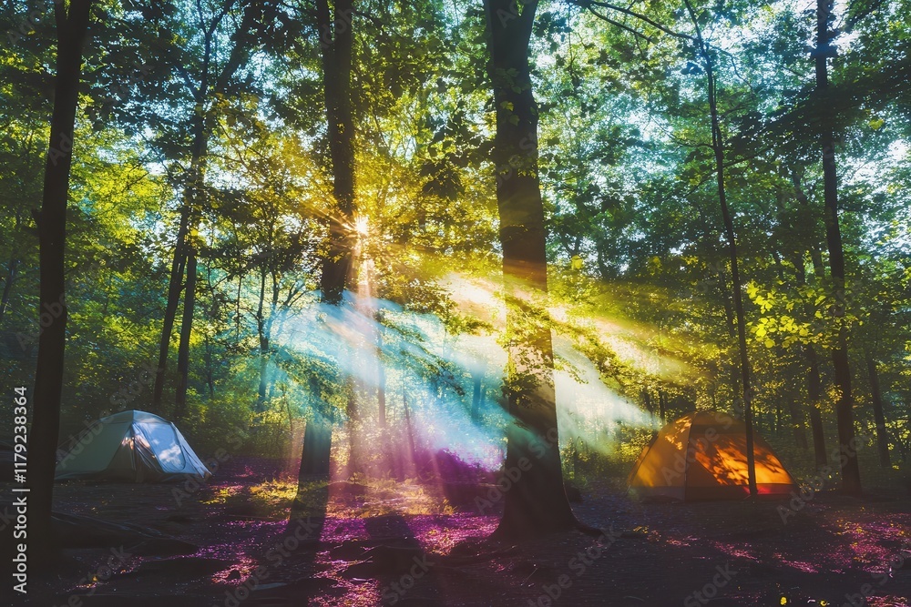 Fototapeta premium Colorful sunbeams illuminate forest campsite with tents among lush greenery.