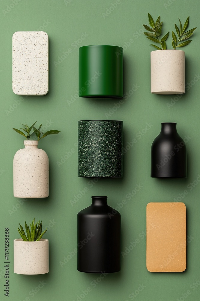 A visually striking arrangement of modern vases in various shapes and colors, featuring greenery against a muted green background.
