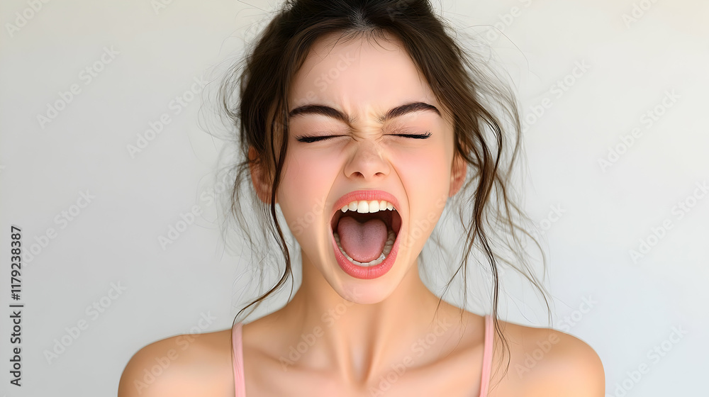 Woman Shouts with Eyes Closed and Mouth Open Against a Neutral Background