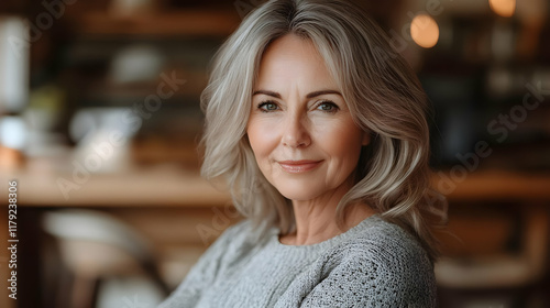 Portrait of a Confident Mature Woman Smiling Gently in a Warmly Lit Cafe Setting.