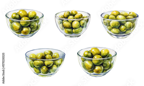 Watercolor set of glass plates with pickled green olives png. Green olives in marinade. Olives for appetizers, salads, martinis and other culinary dishes and drinks.