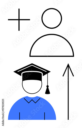 Person symbol, plus sign, graduate with a mortarboard, and upward arrow indicating progression. Ideal for education, career growth, personal development, success, achievement motivation goal