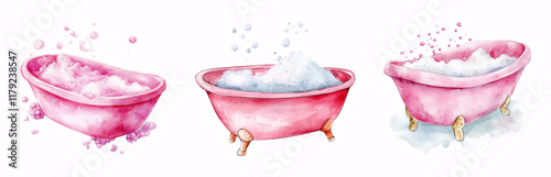 Watercolor set of pink bathtubs filled with foam. Bathtub with pink foam. Concept of relaxation and rest and relaxation. Vector illustration.