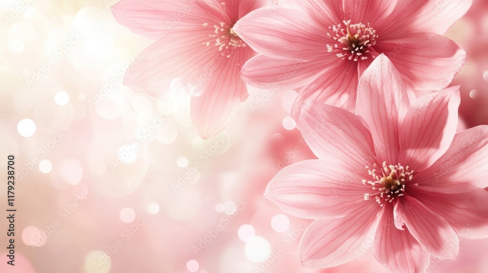 Close-up of three delicate pink flowers with soft, blurred background bokeh. Close-up of three delicate pink flowers with soft, blurred background bokeh.