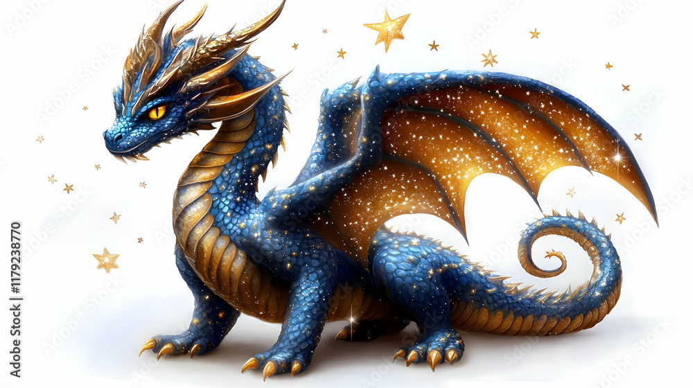 Obraz premium Majestic Blue and Gold Dragon Poses Proudly Amidst a Shower of Sparkling Stars