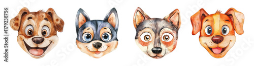 Set of cute cartoon dog faces. Dog heads portraits of different dog breeds. Cartoon muzzles mobak watercolor png. Vector illustration.
