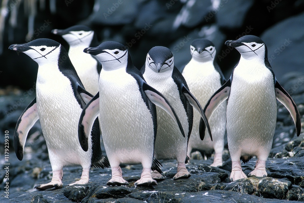 Fototapeta premium A colony of chinstrap penguins marching in unison across a rocky Antarctic beach.