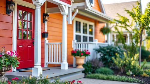 Orange House with Red Door and Front Porch Landscaping