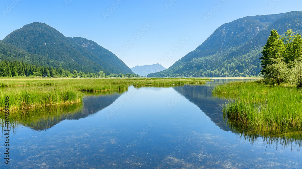Fototapeta premium Serene lake nestled between mountains, tranquil reflection, lush greenery, clear water.