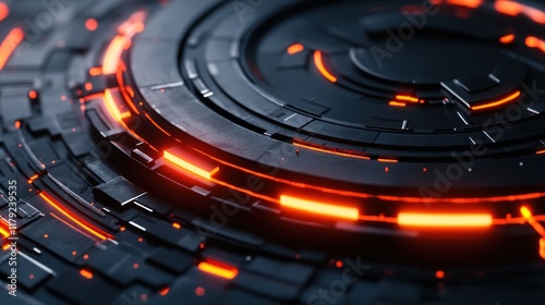 Abstract metallic sphere with glowing orange rings.