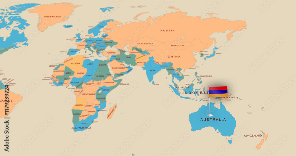 Obraz premium Geopolitical Map Highlighting Australia with Flag Marker and Surrounding Nations