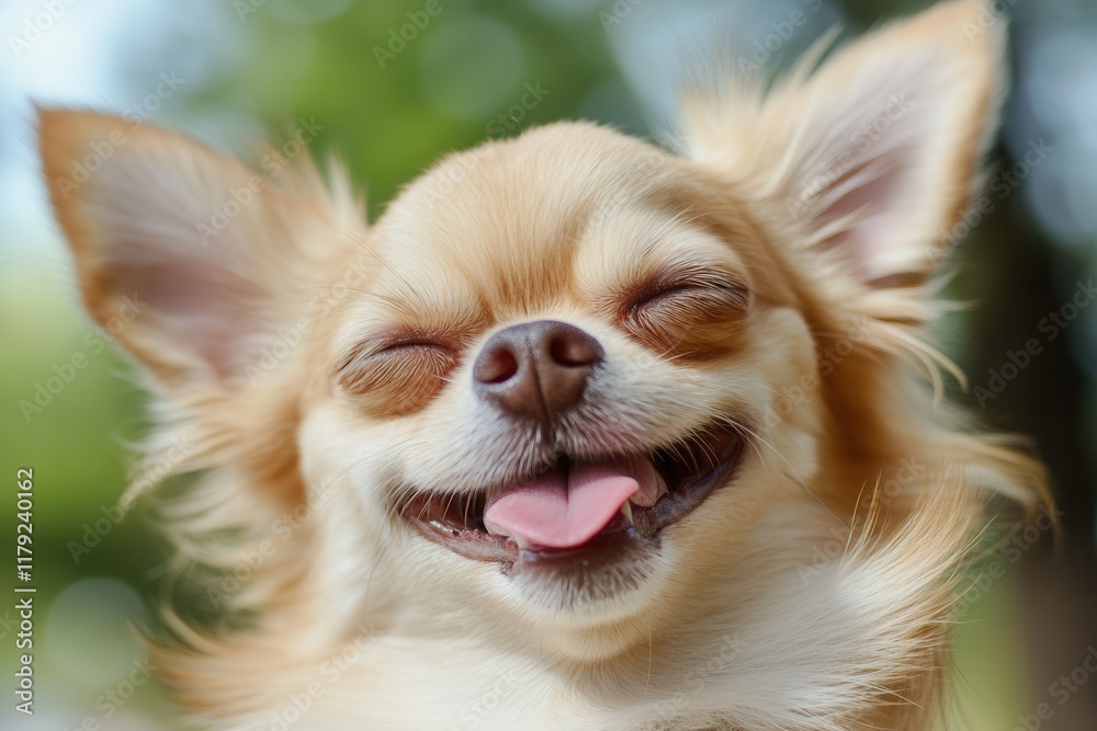 Playful chihuahua close up with blurry background and joyful expression.