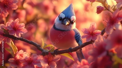 A Blue Jay Perched Among Pink Blossoms at Sunset photo