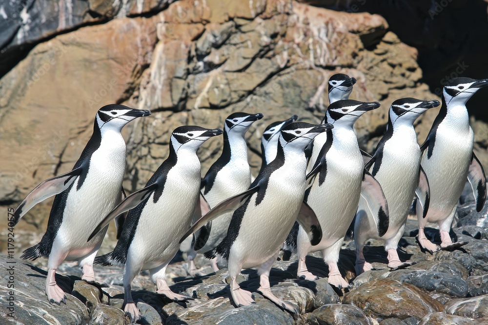 Fototapeta premium A colony of chinstrap penguins marching in unison across a rocky Antarctic beach.