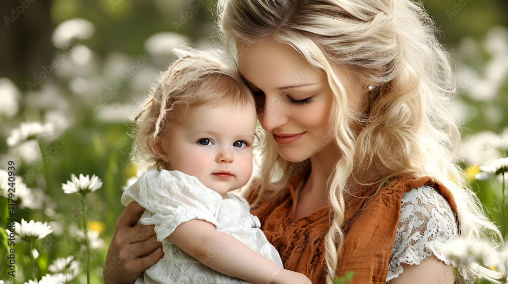 Mother holds her baby lovingly in a field of white wildflowers on a bright spring day. Mother holds her baby lovingly in a field of white wildflowers on a bright spring day.