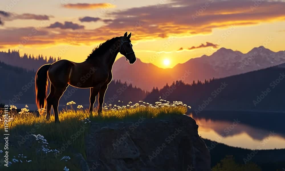 Horse silhouette against a vibrant sunset landscape. Horse silhouette against a vibrant sunset landscape.
