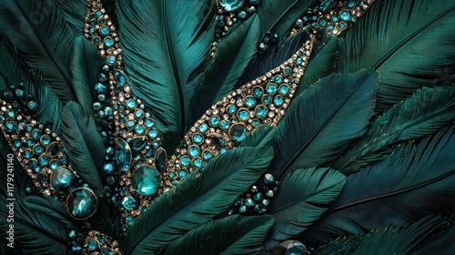 Emerald Elegance: Teal Feathers Adorned with Sparkling Jewels