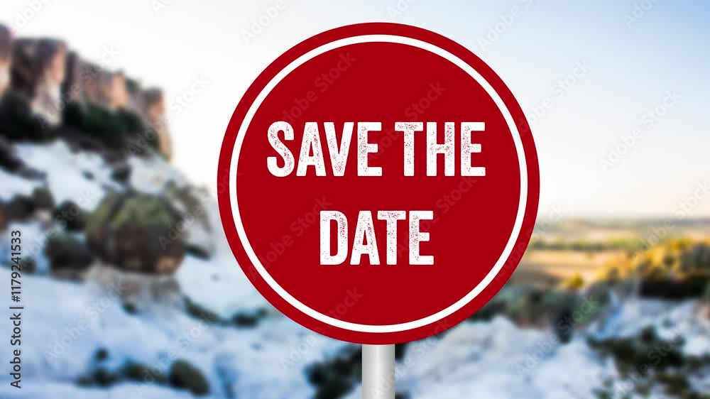 Save the date message writing on red metal round signpost Save the date message writing on red metal round signpost
