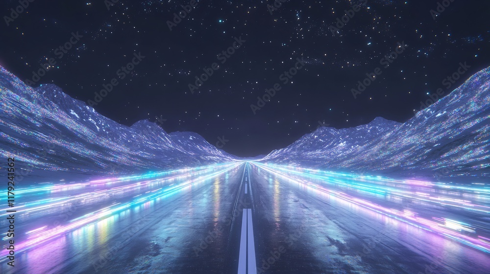 Fototapeta premium Vibrant Neon Road Glimmers Mysteriously Through Futuristic Mountains: 3D Render. AI Generated