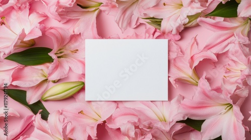 Wallpaper Mural A blank card is thoughtfully nestled among delicate pink lilies, providing a beautiful backdrop for heartfelt notes or invitations Torontodigital.ca