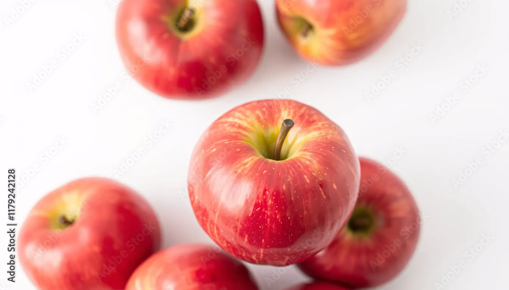 A collection of red apples beautifully arranged on a white background, depicting freshness and abundance A collection of red apples beautifully arranged on a white background, depicting freshness and abundance