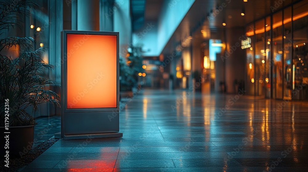 Illuminated Blank Sign In Modern Shopping Mall At Night Illuminated Blank Sign In Modern Shopping Mall At Night