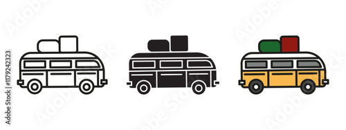 Travel bus icon. Bus tour vector illustration. RV motor home symbol. Public transport sign. Moving or relocation with carrier truck pictogram. Bus trip journey concept.