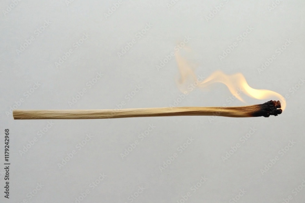 A burning stick emits light and smoke, showcasing the process of combustion in a neutral atmosphere, capturing a moment of transformation A burning stick emits light and smoke, showcasing the process of combustion in a neutral atmosphere, capturing a moment of transformation