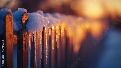 Fototapeta Naklejka Na Ścianę i Meble -  A photo of a sunrise over a frosty meadow with glistening icicles hanging from branches. 