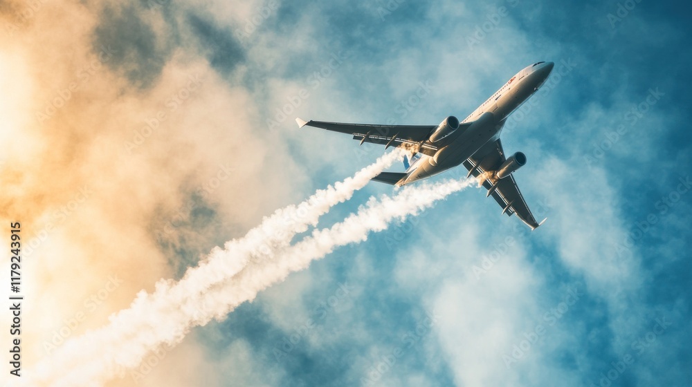 Airplane ascending through cloudy sky, leaving contrails. Airplane ascending through cloudy sky, leaving contrails.
