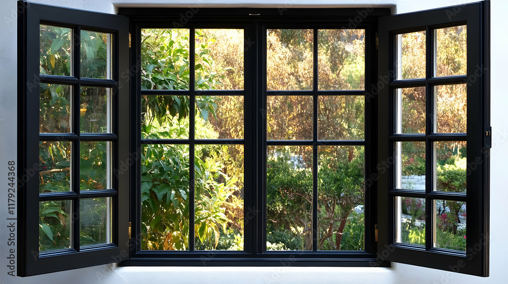 Open Black Window Frames Showcase Lush Green Garden View with Sunlight Beautifully. Open Black Window Frames Showcase Lush Green Garden View with Sunlight Beautifully.