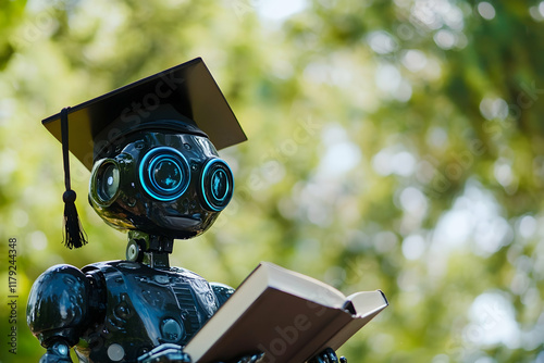 Robot in graduation cap holding a book for an educational concept