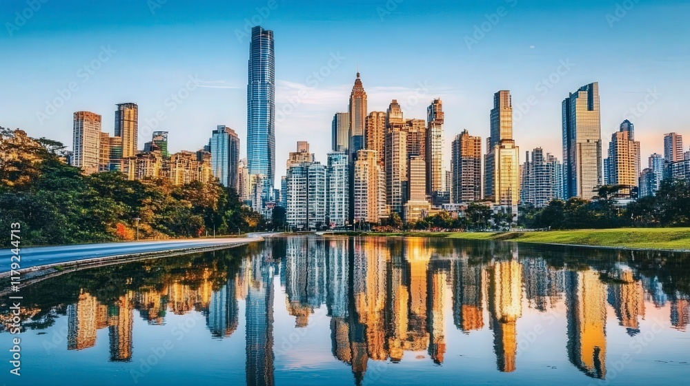 Naklejka premium Urban Skyline Reflected in Calm Waters at Dusk a Symphony of Glass and Light
