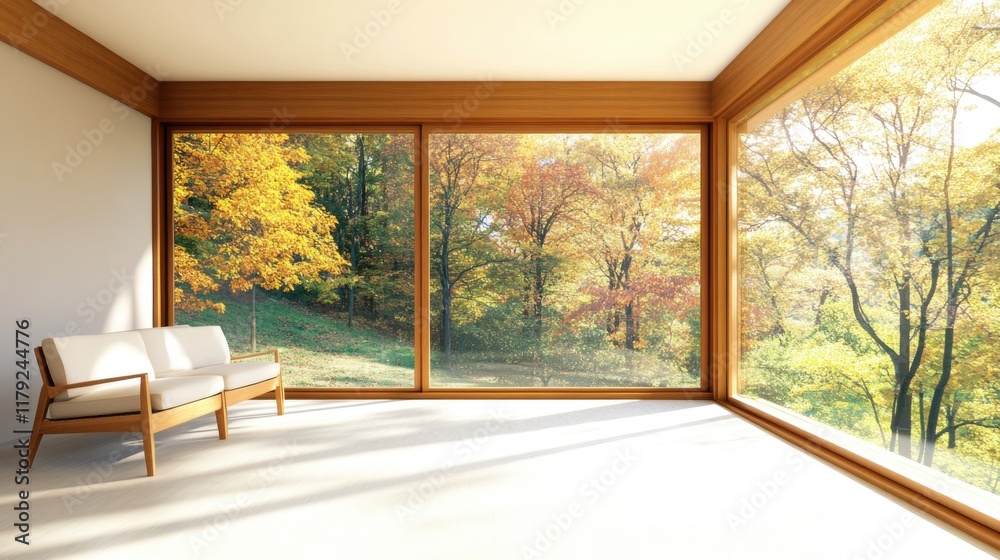 Obraz premium Bright room featuring large windows showcases vibrant autumn trees, creating a calm and inviting atmosphere in a chic design