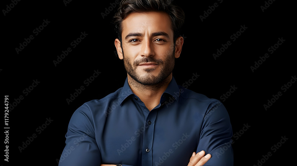 Confident Man Poses with Arms Crossed Against a Dark Background, Exuding Professionalism and Success. Confident Man Poses with Arms Crossed Against a Dark Background, Exuding Professionalism and Success.