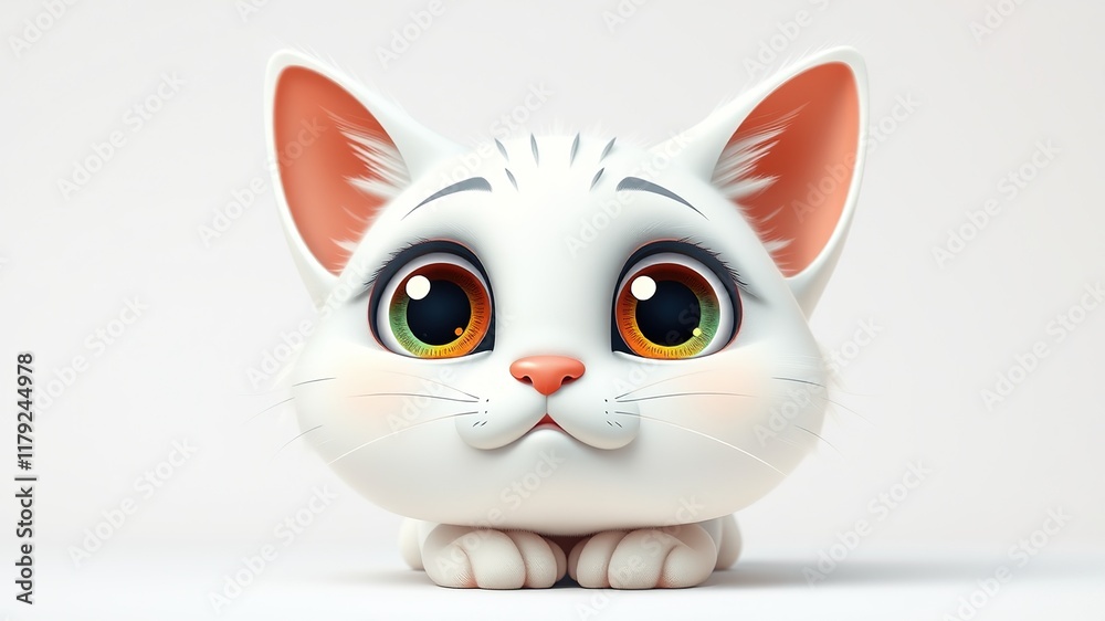 Fototapeta premium Adorable Cartoon White Cat Big Eyes - Colorful AI Art