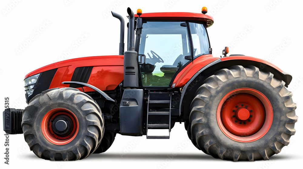 Modern Red Tractor Isolated on White Background Shows Power and Utility in Agriculture Modern Red Tractor Isolated on White Background Shows Power and Utility in Agriculture
