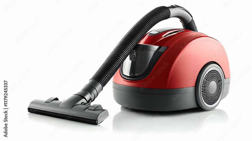 Red and Gray Vacuum Cleaner Stands on a White Reflective Surface with Cleaning Appliances Red and Gray Vacuum Cleaner Stands on a White Reflective Surface with Cleaning Appliances