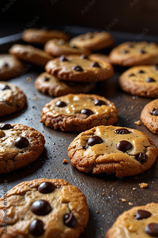 A delectable close-up of chocolate chip cookies with a glossy appearance on a baking sheet A delectable close-up of chocolate chip cookies with a glossy appearance on a baking sheet
