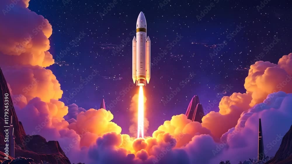 A rocket launches into a vibrant sunset sky filled with clouds and mountains in the background