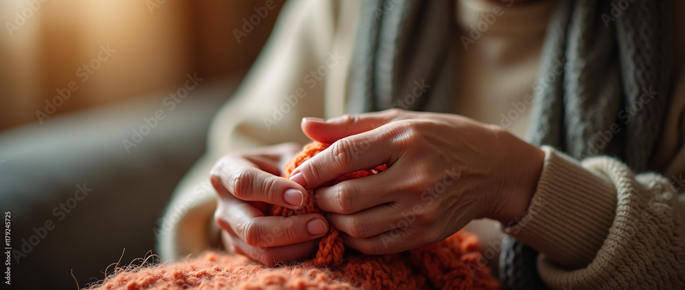 Elderly woman knitting with gentle focus in warm light Elderly woman knitting with gentle focus in warm light