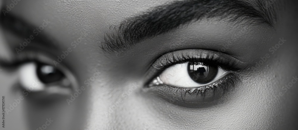 Close-up of a model's expressive dark brown eyes highlighting textured skin and defined eyebrows in monochrome with ample copy space for text. Close-up of a model's expressive dark brown eyes highlighting textured skin and defined eyebrows in monochrome with ample copy space for text.