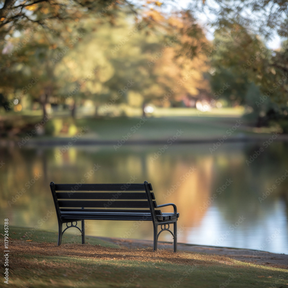 Fototapeta premium Peaceful Park Scene with Empty Bench by a Serene Lake in Autumn